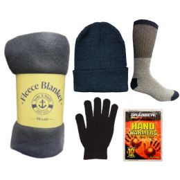 6-Piece Unisex Winter Care Bundle Set Includes Blanket Thermal Socks Beanie Gloves Hand Warmers