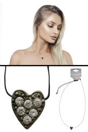 60 pieces Black & Silver Tone Heart Pendant Necklace With Crystal Accent - Necklace