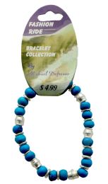 60 pieces Blue Wooden Bead Accent Stretch Bracelet SilveR-Tone - Bracelets