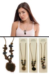 Fabric Necklace With Fuzzy Pendant & Bead Accent