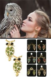 Gold Tone Owl Earrings With Crystal Accent