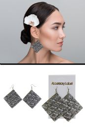 Etched Design Square Dangle Earrings SilveR-Tone