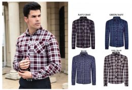 12 Pieces Men's Plaid Warm Bonded Fleece Long Sleeves Assorted Colors Package A - Mens Polo Shirts