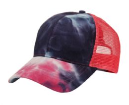 6 pieces of Ponytail TiE-Dye Cotton Truck Cap Mix Hot Pink