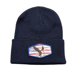 3 pieces Long Cuff Ski Beanie With Eagle Patch Navy - Winter Beanie Hats