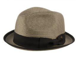 12 pieces of Poly Braid Straw Fedora Hats With Band And Fabric Brim Edge Assorted Gray