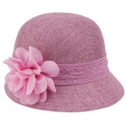 6 pieces Linen Cloche Hats With Lace Band And Flower Purple - Church Hats