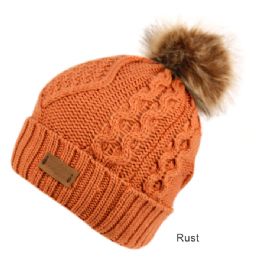 6 pieces Solid & Multi Color Knit Beanie Hat With Pom Pom Rust - Winter Beanie Hats