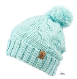 6 pieces Heavy Knit Beanie With Pom Pom & Sherpa Lining Mint - Winter Beanie Hats