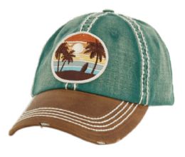 6 pieces Heavy Stitch Distressed Brim Washed Cotton Two Tone Baseball Cap With A Patch Hunter Green/Brown - Baseball Caps & Snap Backs