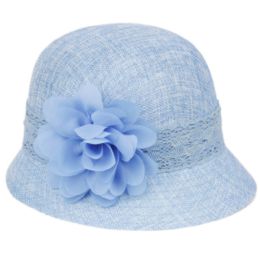 6 pieces Linen Cloche Hats With Lace Band And Flower Light Blue - Church Hats