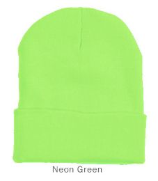 6 pieces 12" Long Cuff Ski Beanie Neon Green - Winter Beanie Hats
