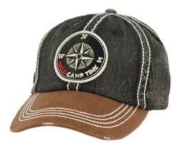 6 pieces Heavy Stitch Distressed Brim Washed Cotton Two Tone Baseball Cap With A Patch Denim Black/Brown - Baseball Caps & Snap Backs
