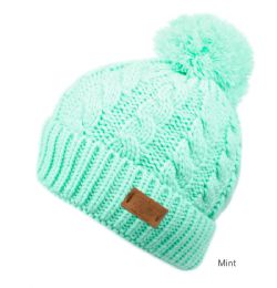 6 pieces Heavy Knit Beanie With Pom Pom & Sherpa Lining Mint - Winter Beanie Hats
