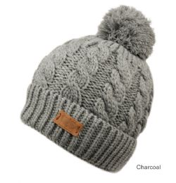 6 pieces Heavy Knit Beanie With Pom Pom & Sherpa Lining Charcoal - Winter Beanie Hats