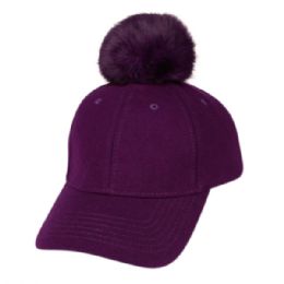 6 pieces Six Panel Solid Color Wool Blend Cap W/rabbit Fur Pom Pom Purple - Fashion Winter Hats