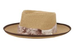 6 pieces Wide Brim Paper Straw Fedora With Fabric Band Lt Brown - Sun Hats