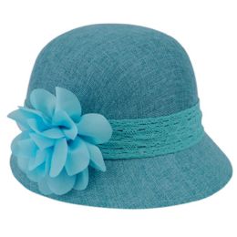 6 pieces Linen Cloche Hats With Lace Band And Flower Teal - Church Hats