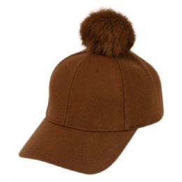 12 pieces Six Panel Solid Color Wool Blend Cap W/rabbit Fur Pom Pom Lt Brown - Fashion Winter Hats