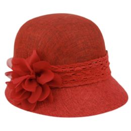 6 pieces Linen Cloche Hats With Lace Band And Flower Red - Church Hats