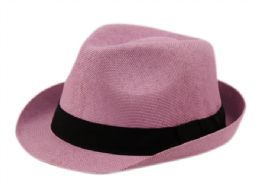 6 pieces Roll Up Brim Paper Straw Fedora Hats With Grosgrain Band Lavender - Sun Hats
