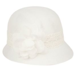 6 pieces Linen Cloche Hats With Lace Band And Flower White - Church Hats