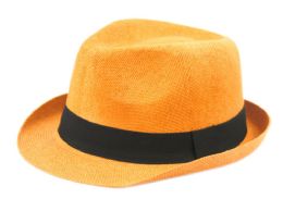 6 pieces Roll Up Brim Paper Straw Fedora Hats With Grosgrain Band Orange - Sun Hats