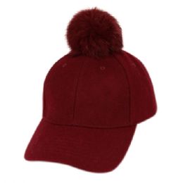 12 pieces Six Panel Solid Color Wool Blend Cap W/rabbit Fur Pom Pom Burgundy - Fashion Winter Hats