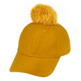 12 pieces Six Panel Solid Color Wool Blend Cap W/rabbit Fur Pom Pom Yellow - Fashion Winter Hats