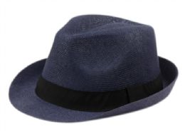 6 pieces Roll Up Brim Paper Straw Fedora Hats With Grosgrain Band Navy - Sun Hats