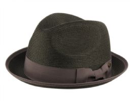 12 pieces Poly Braid Straw Fedora Hats With Band And Fabric Brim Edge Assorted Black - Sun Hats