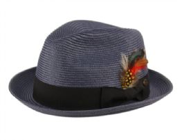 12 pieces Poly Braid Straw Fedora Hats With Grosgrain Band And Removable Feather Assorted Navy - Sun Hats