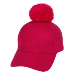 12 pieces Six Panel Solid Color Wool Blend Cap W/rabbit Fur Pom Pom Hot Pink - Fashion Winter Hats