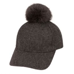 12 pieces Six Panel Solid Color Wool Blend Cap W/rabbit Fur Pom Pom Charcoal - Fashion Winter Hats