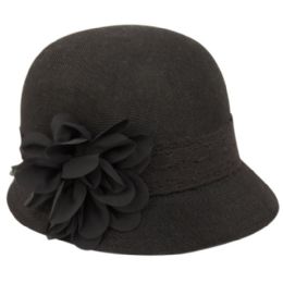 6 pieces Linen Cloche Hats With Lace Band And Flower Black - Church Hats
