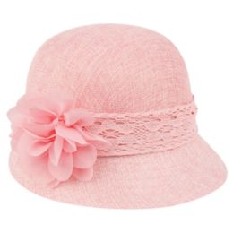 6 pieces Linen Cloche Hats With Lace Band And Flower Pink - Church Hats