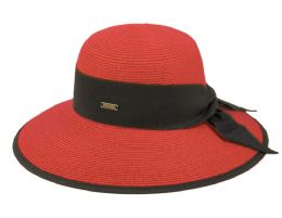 6 pieces Paper Straw Sun Floppy Hats W/grosgrain Band & Fabric Edge Red - Sun Hats