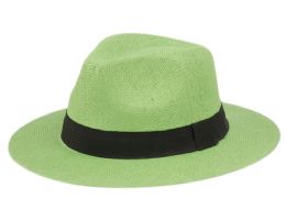 6 pieces Paper Straw Panama Hats With Grosgrain Band Lime Green - Sun Hats