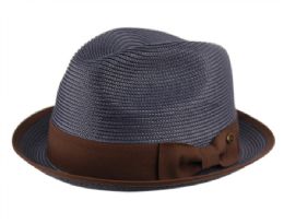 12 pieces Poly Braid Straw Fedora Hats With Band And Fabric Brim Edge Assorted Navy - Sun Hats