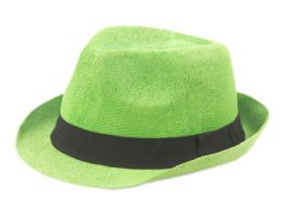 6 pieces Roll Up Brim Paper Straw Fedora Hats With Grosgrain Band Lime Green - Sun Hats