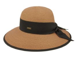 6 pieces Paper Straw Sun Floppy Hats W/grosgrain Band & Fabric Edge Lt Brown - Sun Hats