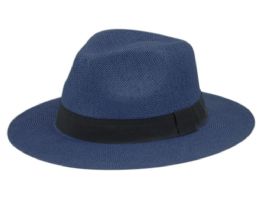 6 pieces Paper Straw Panama Hats With Grosgrain Band Navy - Sun Hats