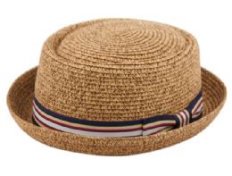 12 pieces Straw Pork Pie Hats With Stripe Band Assorted - Sun Hats