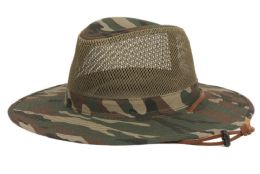 12 pieces Outdoor Safari Hats With Mesh Crown & Leather Chin Cord Assorted Camo Green - Sun Hats