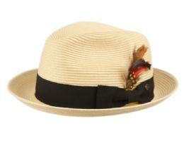 12 pieces Poly Braid Straw Fedora Hats With Grosgrain Band And Removable Feather Assorted Natural - Sun Hats