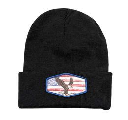 3 pieces Long Cuff Ski Beanie With Eagle Patch Black - Winter Beanie Hats