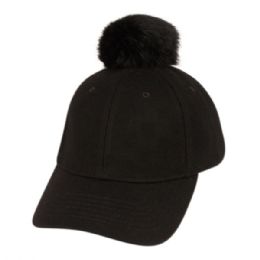 6 Wholesale Six Panel Solid Color Wool Blend Cap W/rabbit Fur Pom Pom Black