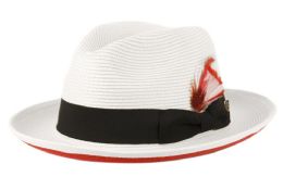 6 Wholesale Richman Brothers Polybraid Two Tone Fedora With Grosgrain Band & Feather White