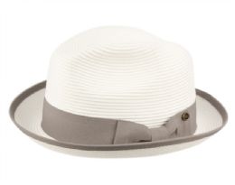 12 pieces Poly Braid Straw Fedora Hats With Band And Fabric Brim Edge Assorted White - Sun Hats
