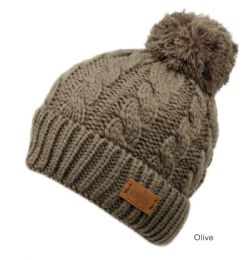 6 pieces Heavy Knit Beanie With Pom Pom & Sherpa Lining Olive - Winter Beanie Hats